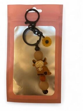 Highland Cow Beaded Keychain with Sunflower Charm - Brown